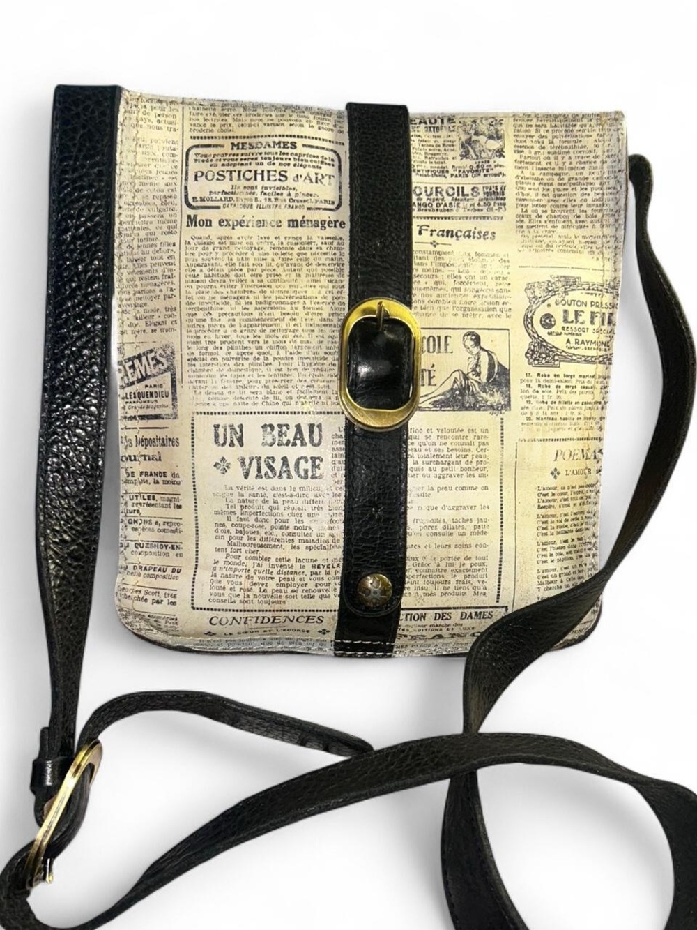 Patricia Nash Vintage French Newspaper Print Leather Crossbody Bag